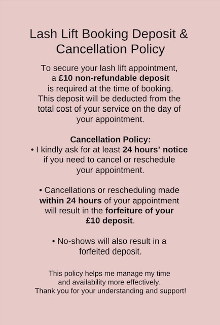 Lash lift booking deposit and cancellation policy